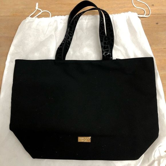 Jimmy Choo Parfums Black Nylon Leopard Double Handles Tote Bag Purse - Picture 2 of 13